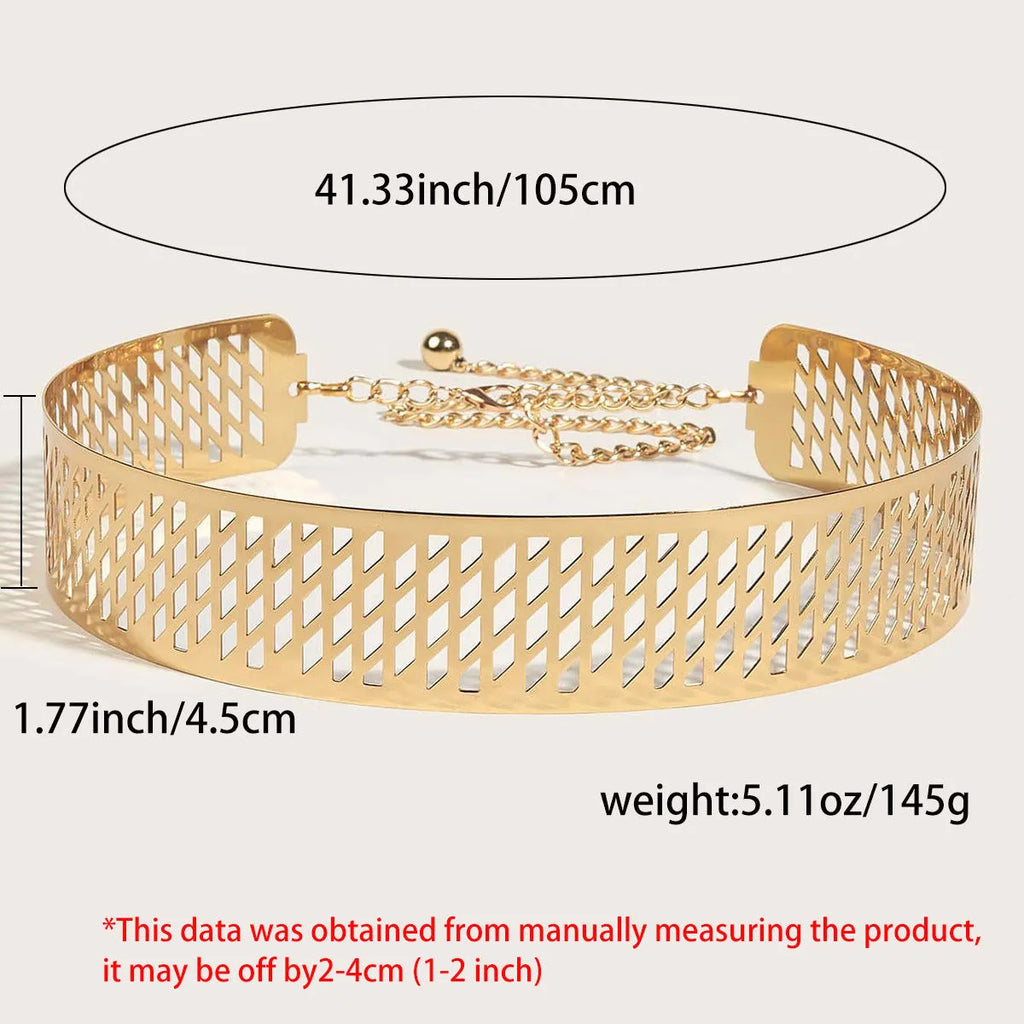 Gold iron waist belt with detailed lantern head pattern, showing alloy buckle and hook fastening.
