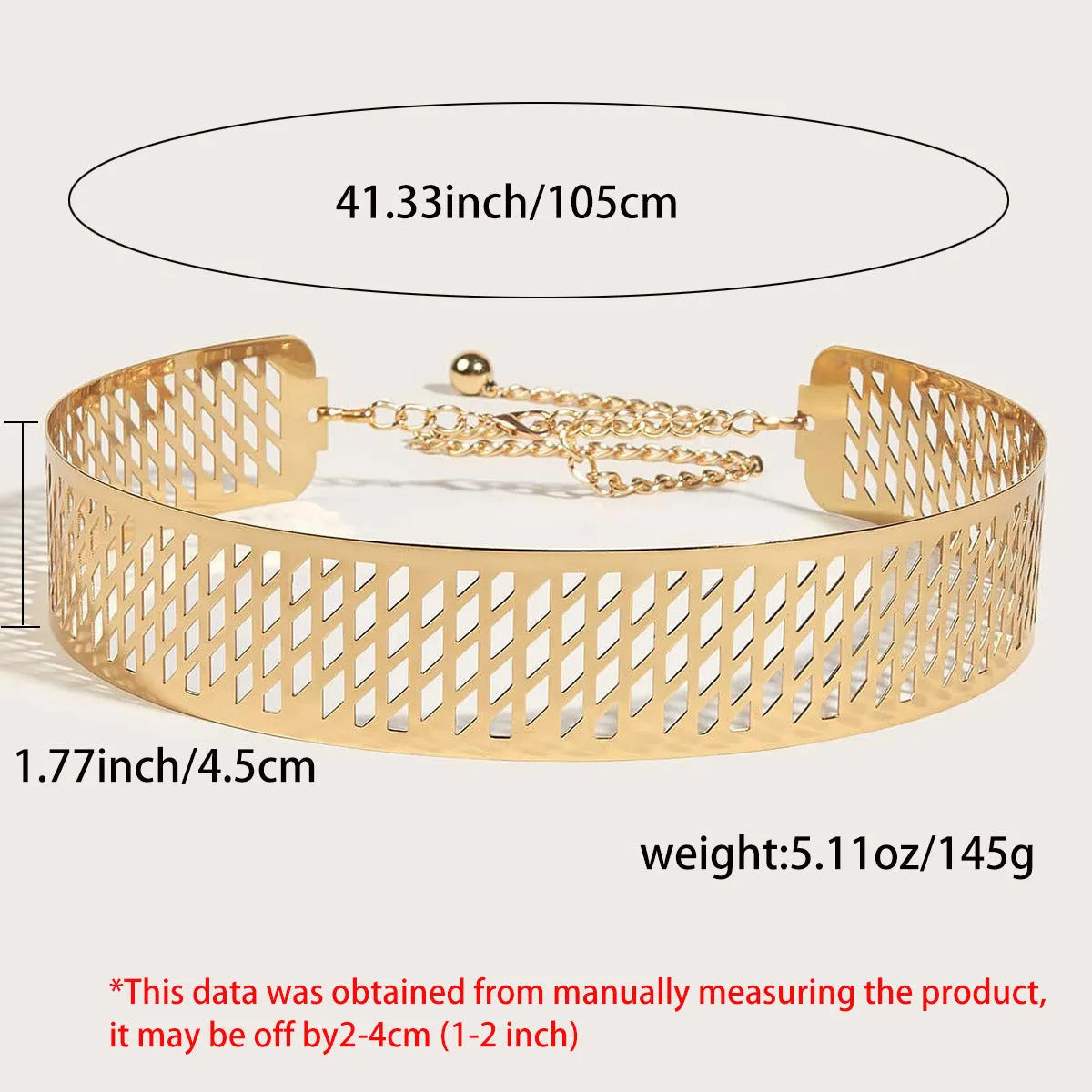 Gold iron waist belt with detailed lantern head pattern, showing alloy buckle and hook fastening.