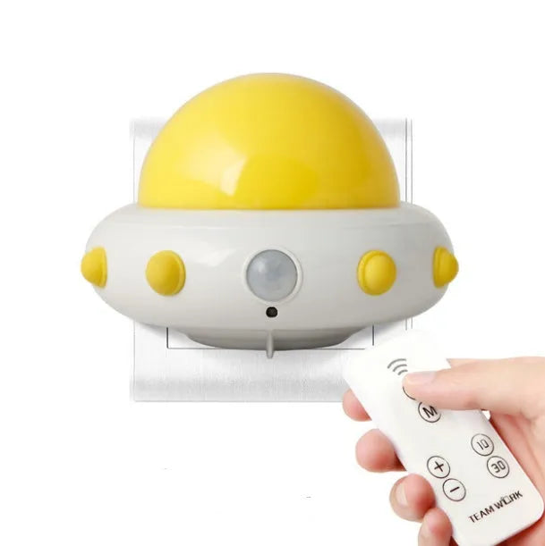 Remote control UFO cartoon bedside night light in blue, pink, or white colour options