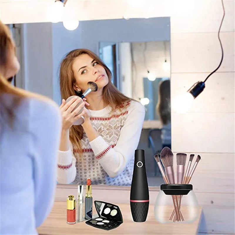 Electric makeup brush cleaner black with charging power source and ABS body on table