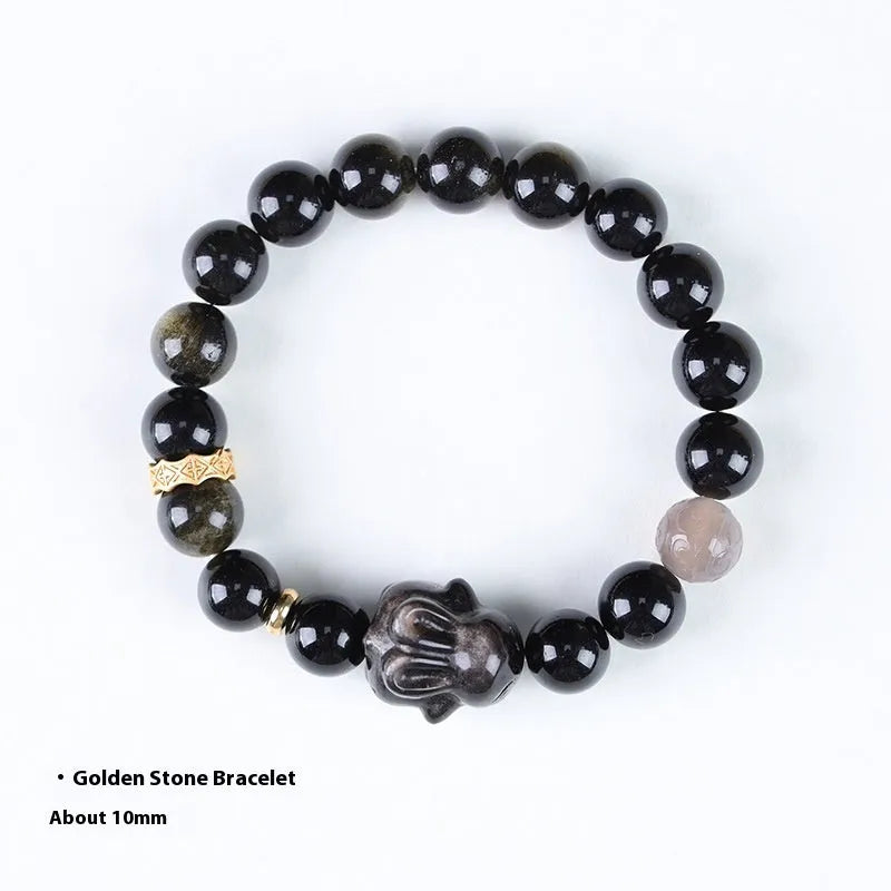 Handmade national style bracelet with lying rabbit charm made from jin yaoshi, agate, and brass.