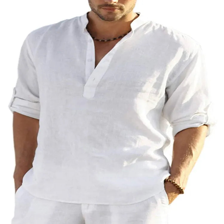 Men's cotton linen stand collar shirt in solid colour with button-down front and long sleeves