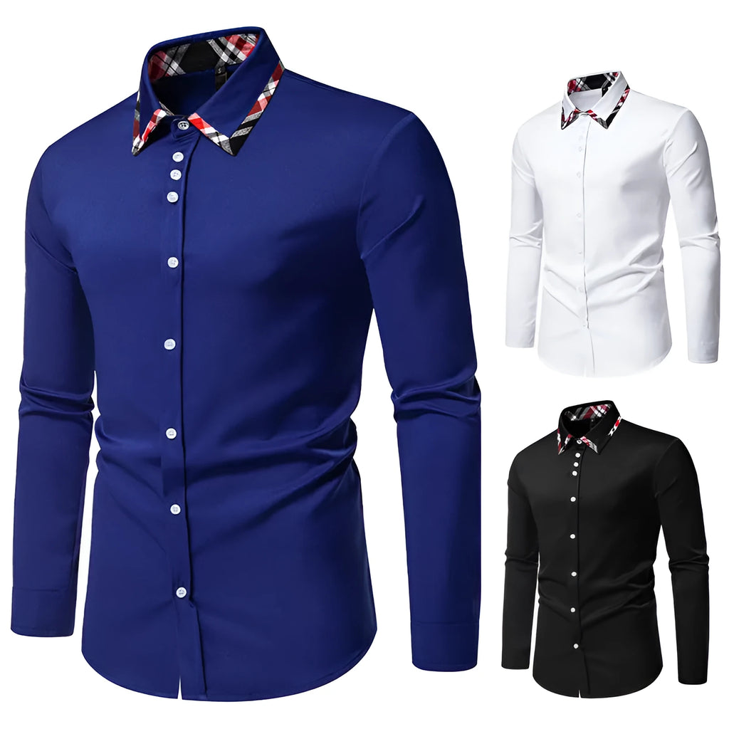 A man's blue plaid long sleeve shirt with a triangle collar on a hanger.