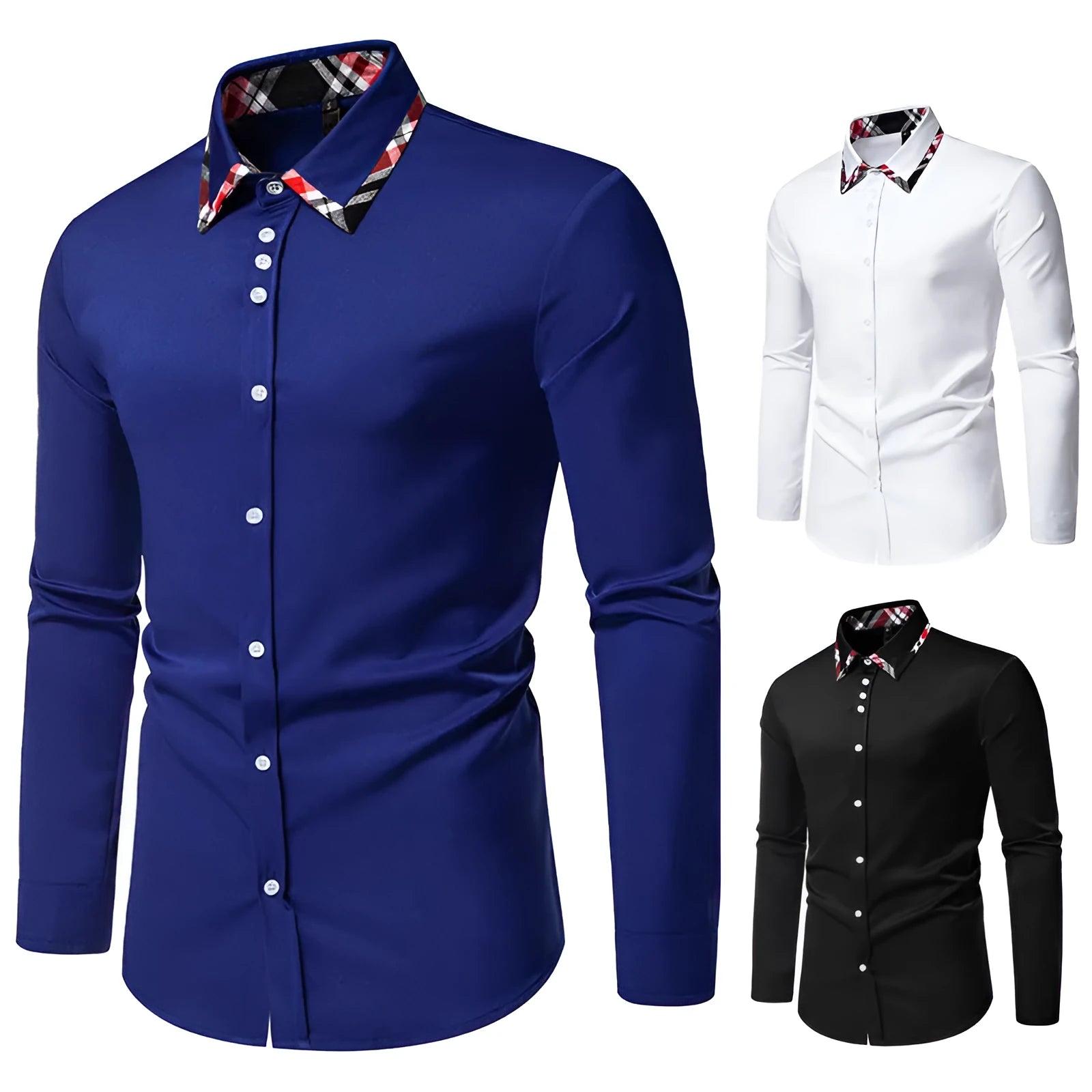 A man's blue plaid long sleeve shirt with a triangle collar on a hanger.