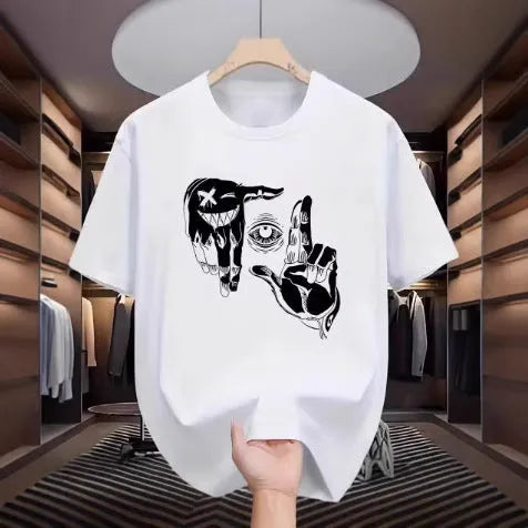 Men's mesh t-shirt with cartoon print design in multiple colour options showing round neck and short sleeves