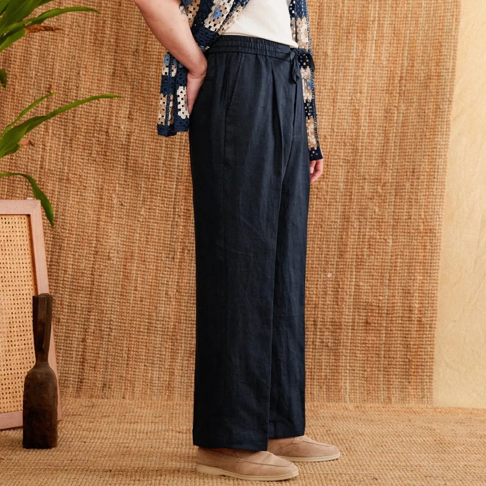 Linen high waist trousers with elasticated waistband in straight-leg cut