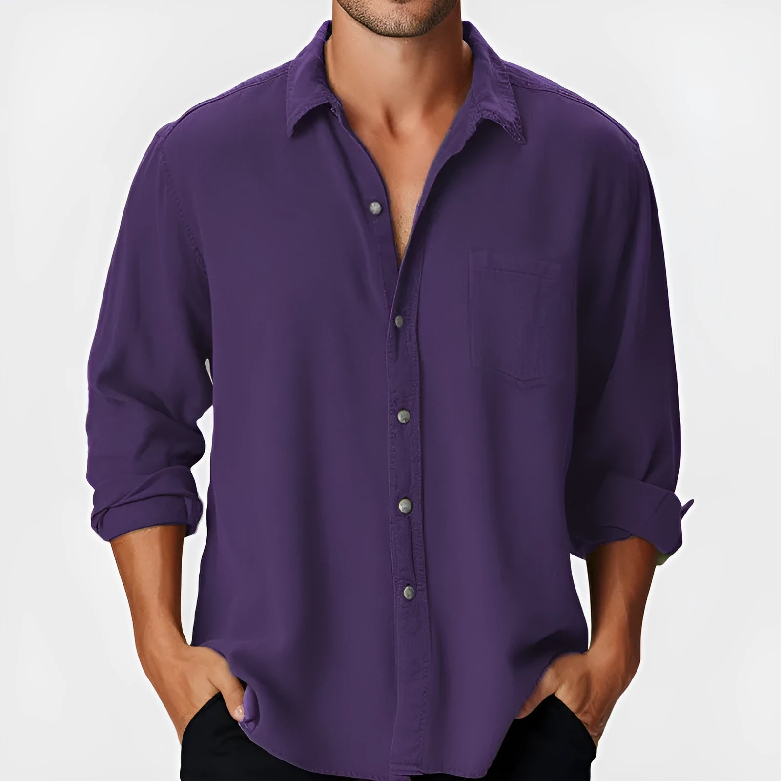 Men's loose-fit beach shirt with stand collar and long sleeves in lightweight polyester fabric