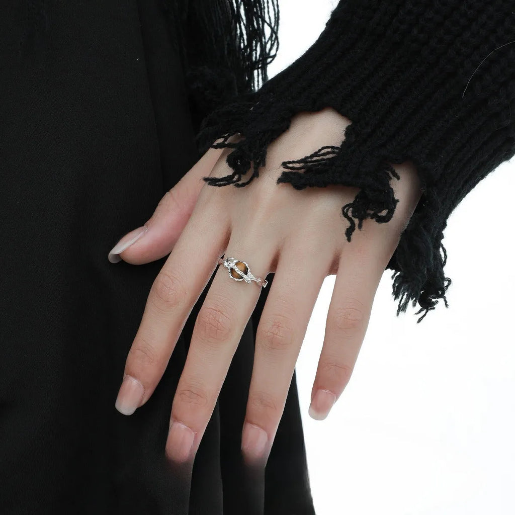 Women's adjustable silver ring with Saturn and Tigereye design in white gold electroplated finish