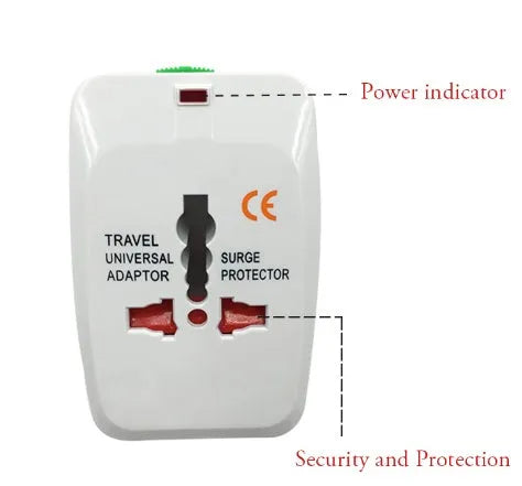 White universal travel plug converter showing UK and European sockets, with dimensions 73mm by 50mm by 39mm.