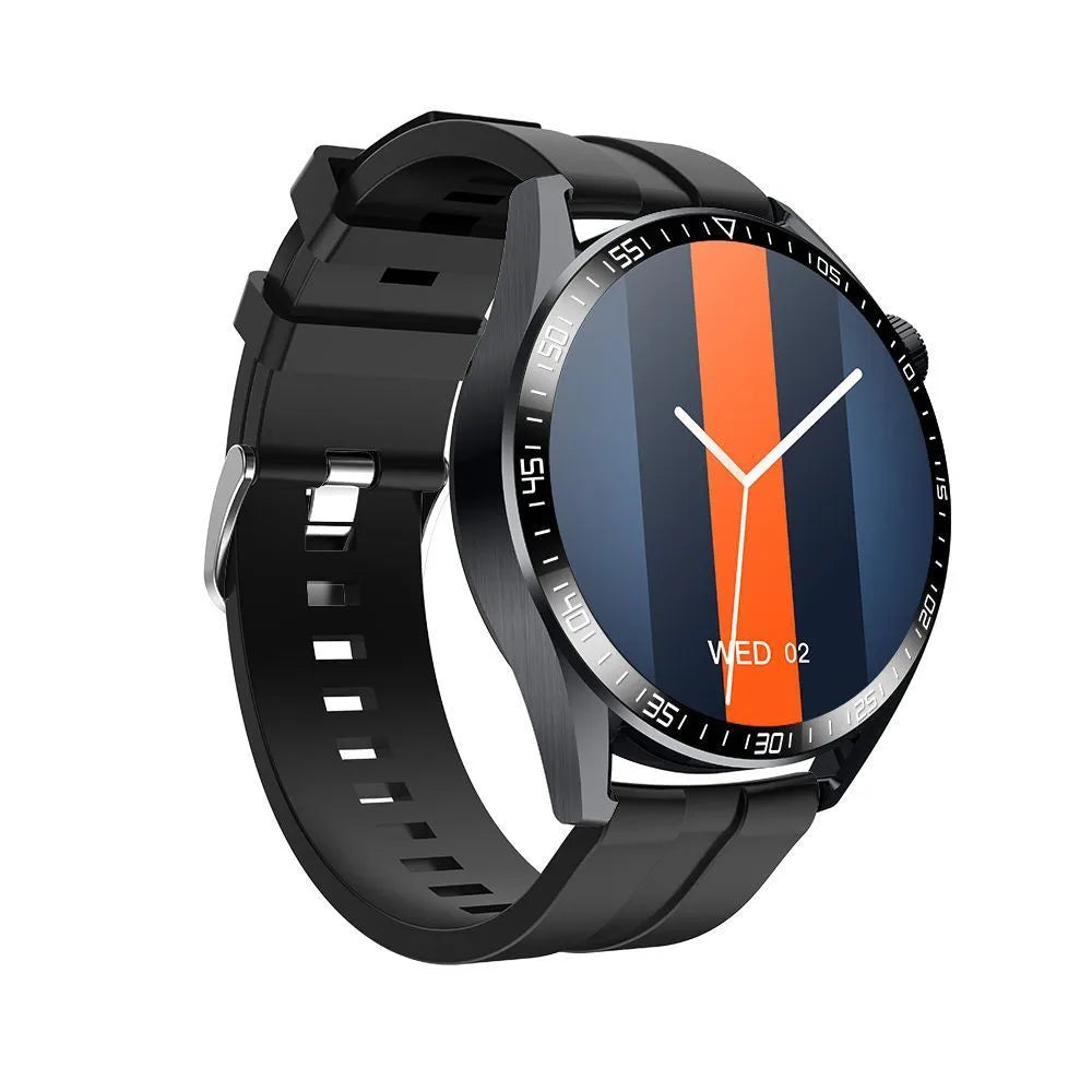 Black or silver smartwatch with 1.35-inch screen showing health stats and NFC payment icon.