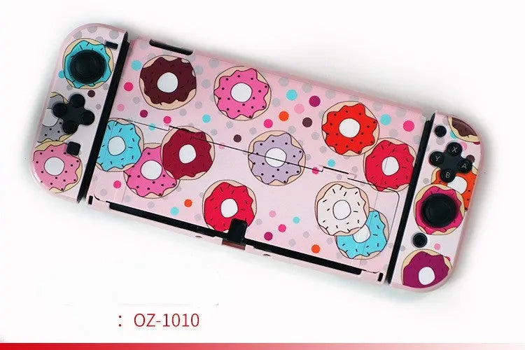 Nintendo Switch OLED hard protective case with cartoon pattern design showing front and back views