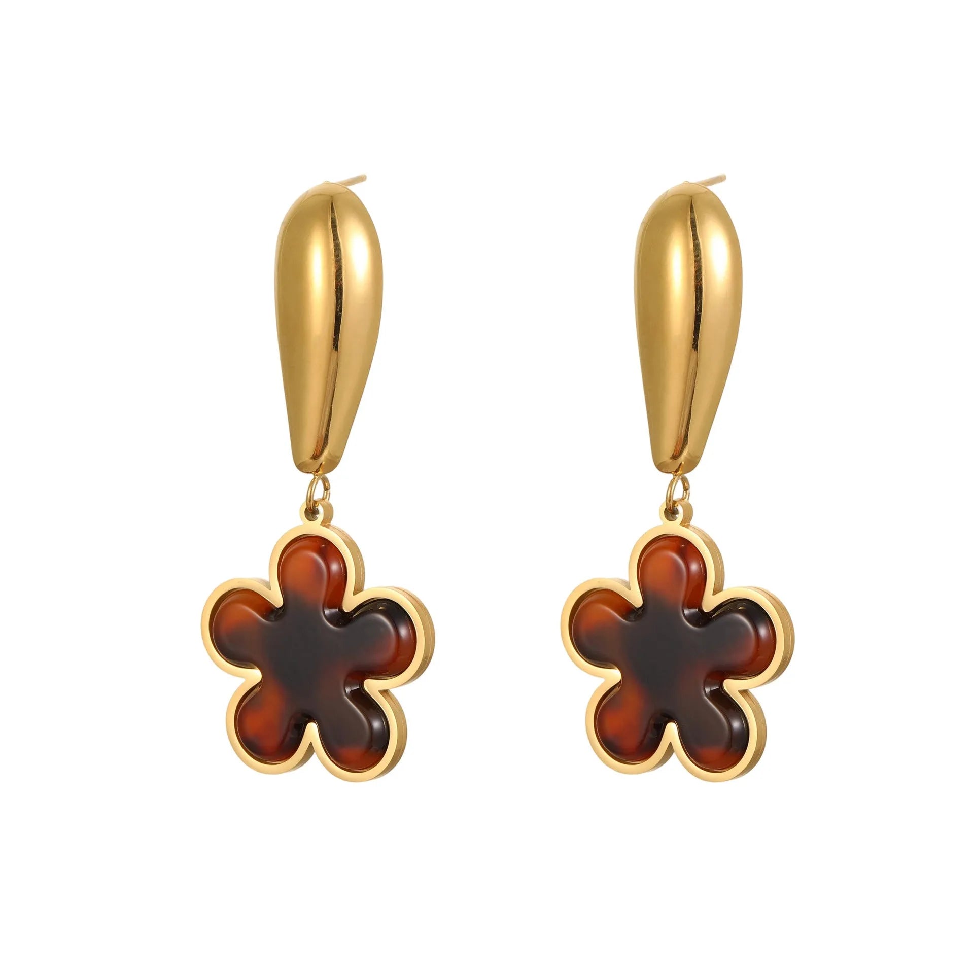 Women's tortoiseshell resin hawksbill colour earrings in heart and flower geometric designs on 18K electroplated stainless steel.