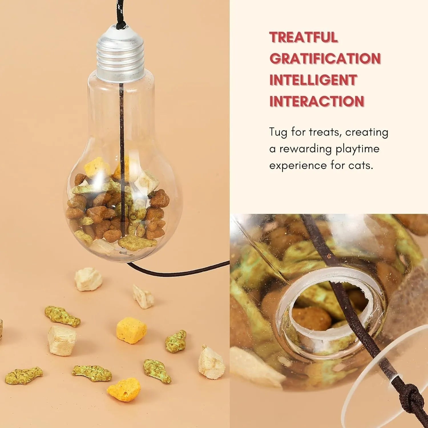 Grey and yellow hanging cat toy with elastic rope, dangling mouse attachment, and treat dispenser bulb