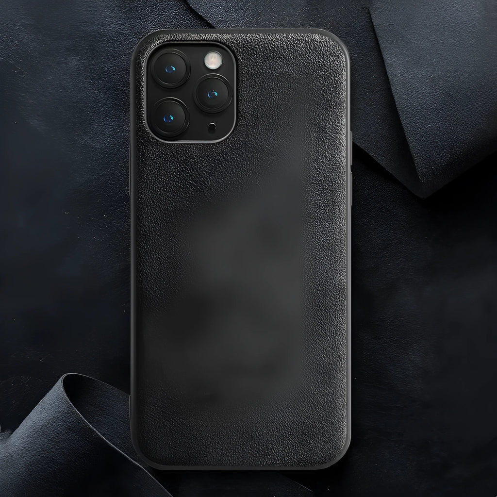 Suede full-cover iPhone back case shown in dark blue, dark night green, and elegant black colours.