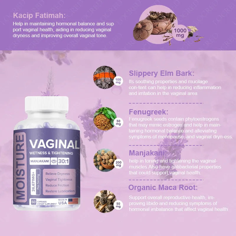 Bottle of 60 vaginal herbal capsules for adult women's intimate care