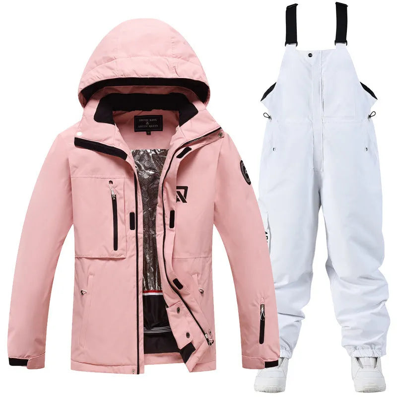 Men's and women's waterproof winter ski suit in blue top with grey blue trousers.