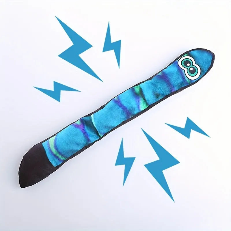 Rainbow stripe snake-shaped plush dog squeaky toy on a white background