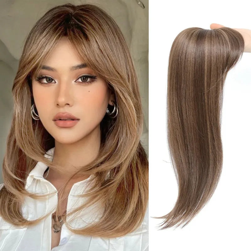 Synthetic high temperature fibre wig hairpiece with inner buckle and hair clip attachment in one of six colour styles.