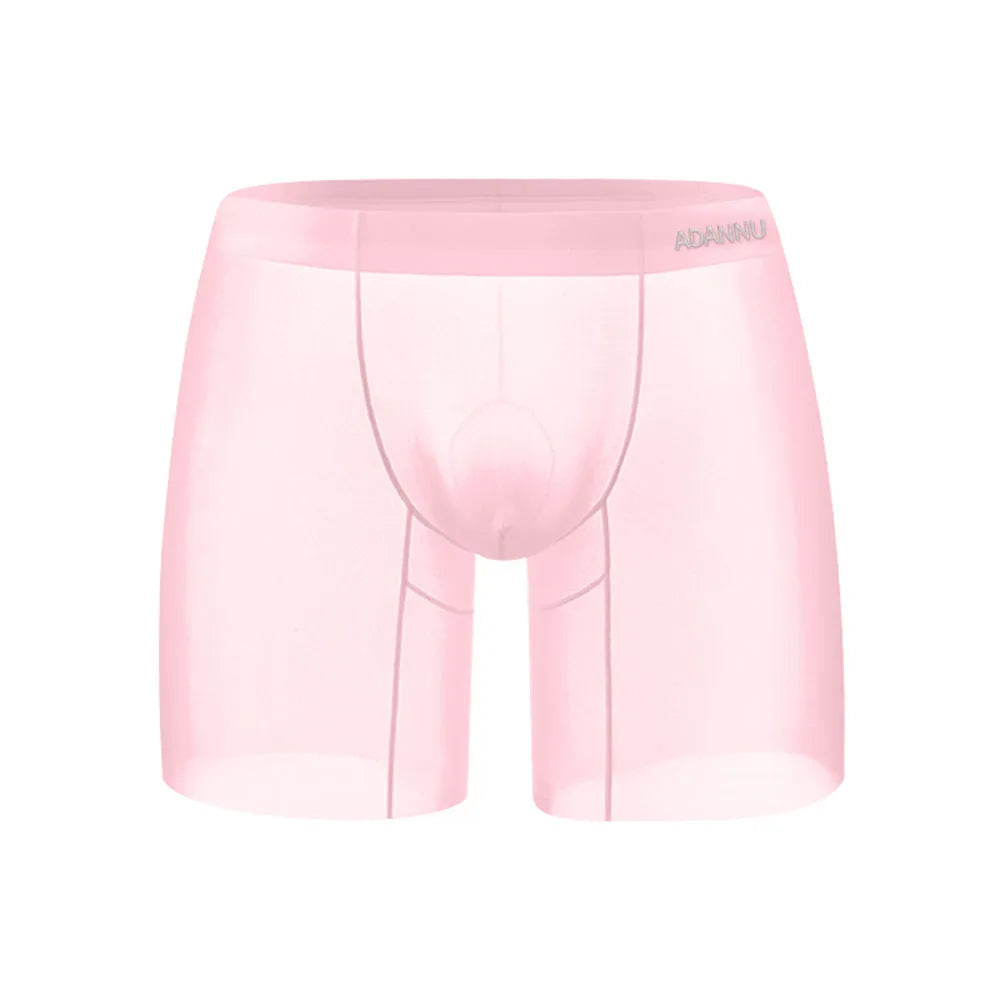 Men's seamless nylon boxer briefs in orange pink and red with U convex low waist design for sports and summer