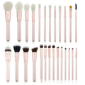 26-piece pink makeup brush set with wooden handles in protective roll case