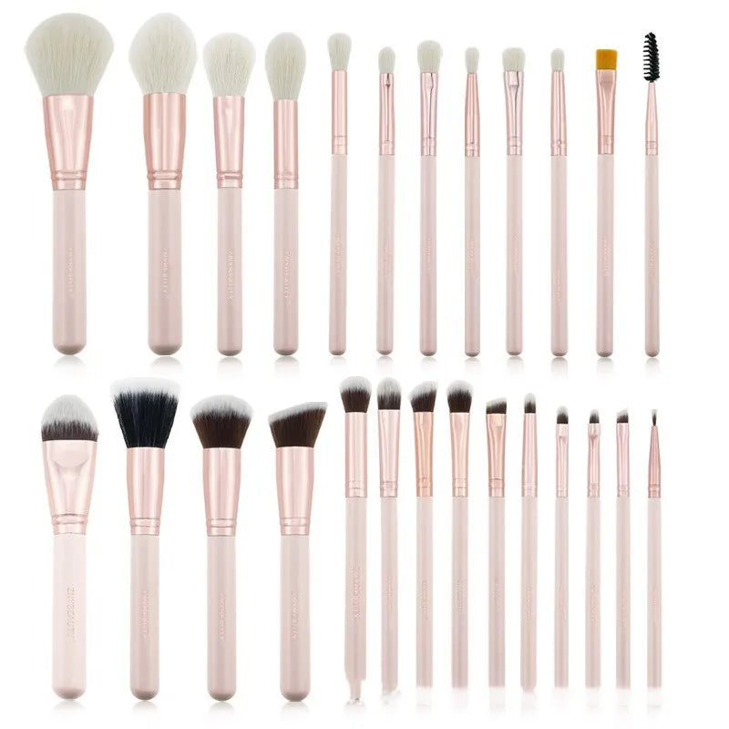 26-piece pink makeup brush set with wooden handles in protective roll case