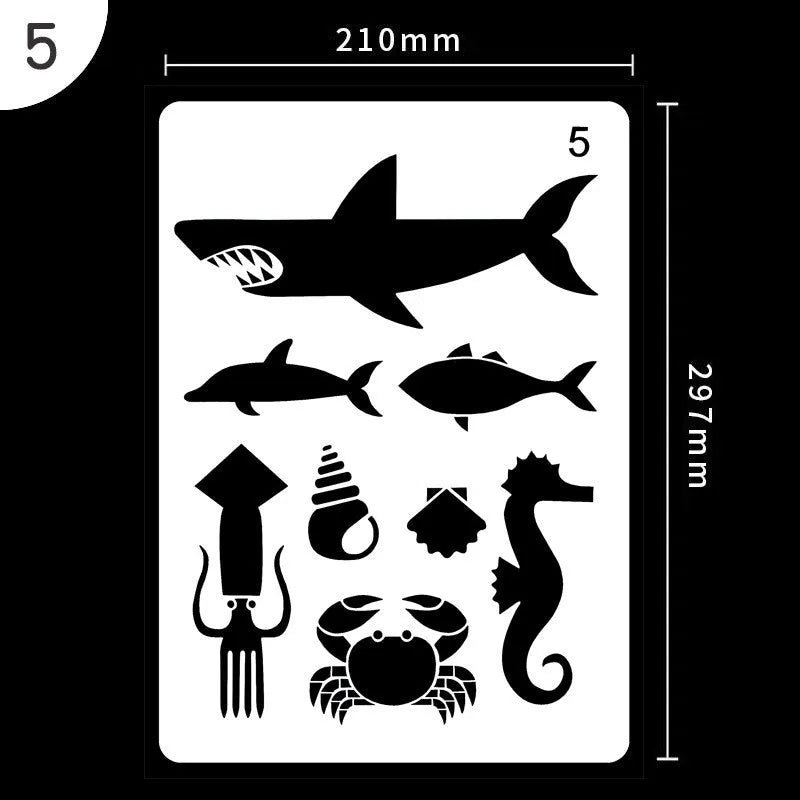 White packaged children's stencil drawing kit with plastic templates, paper, and markers