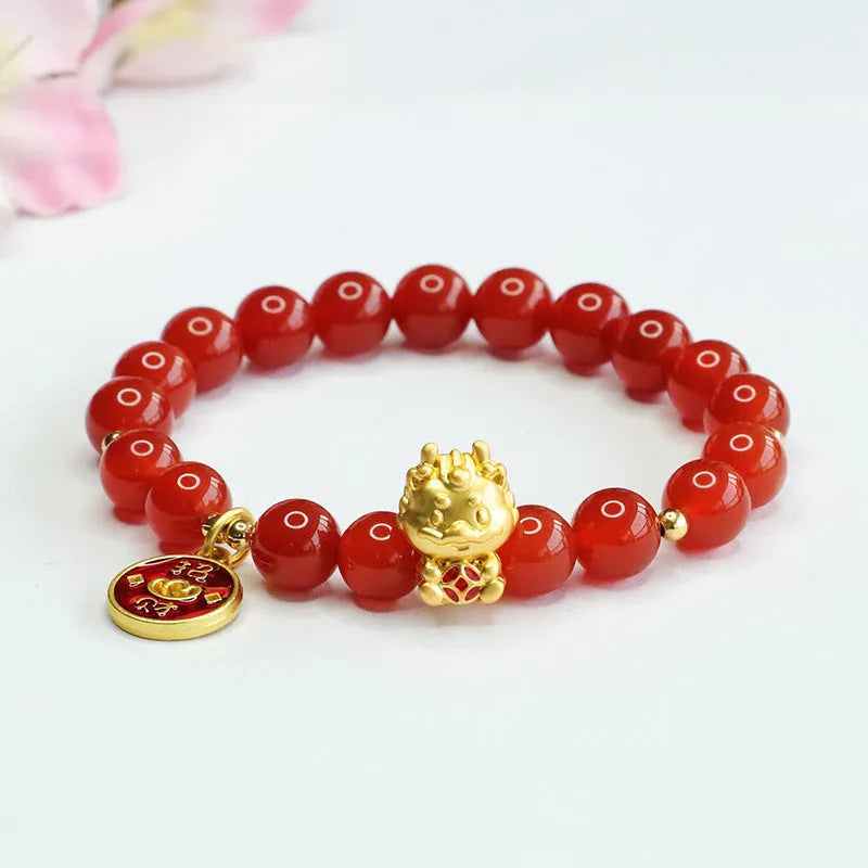 Red agate stone bead dragon zodiac bracelet with traditional Chinese design