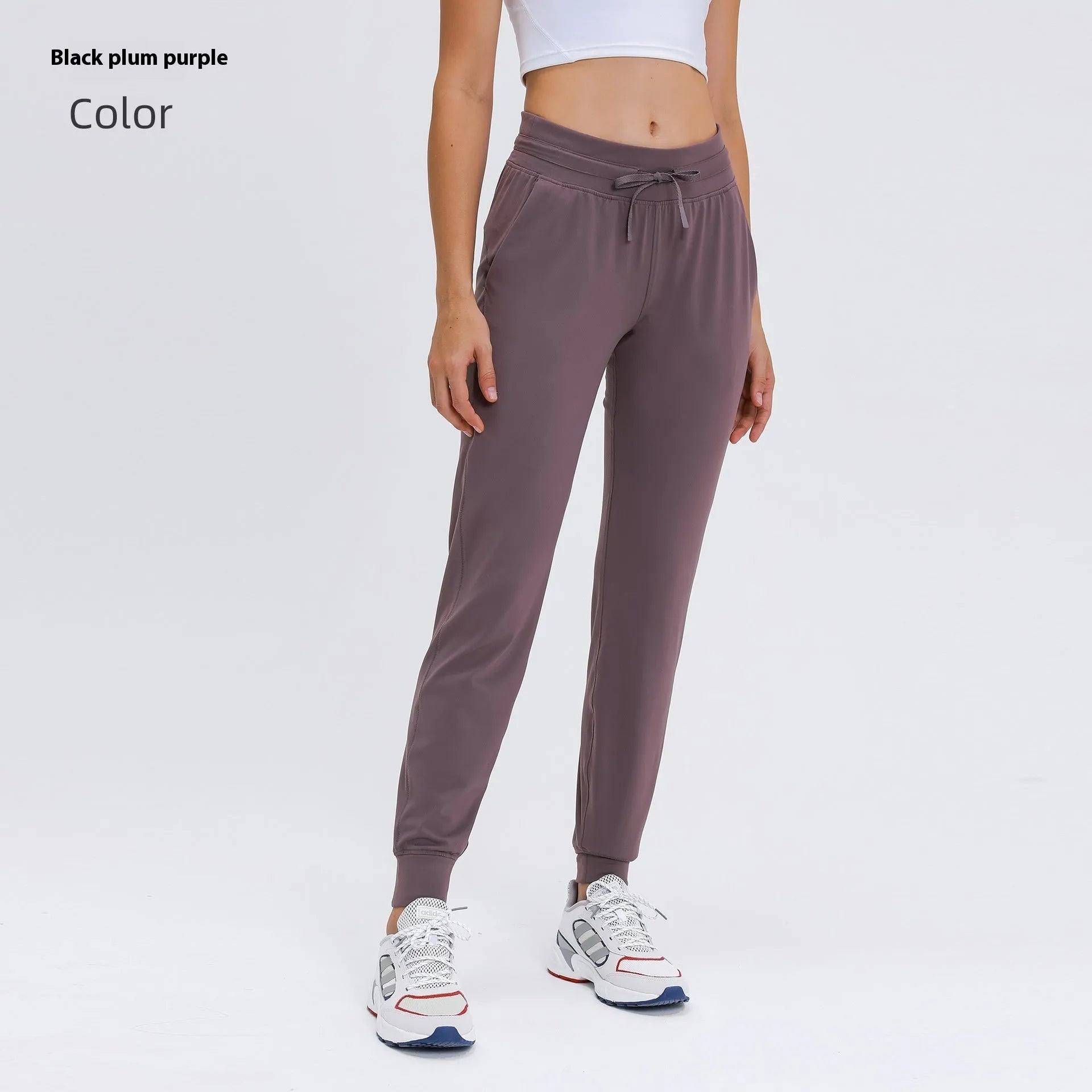 Women's high waist yoga pants with drawstring waistband in quick-drying cotton blend fabric, multiple colour options