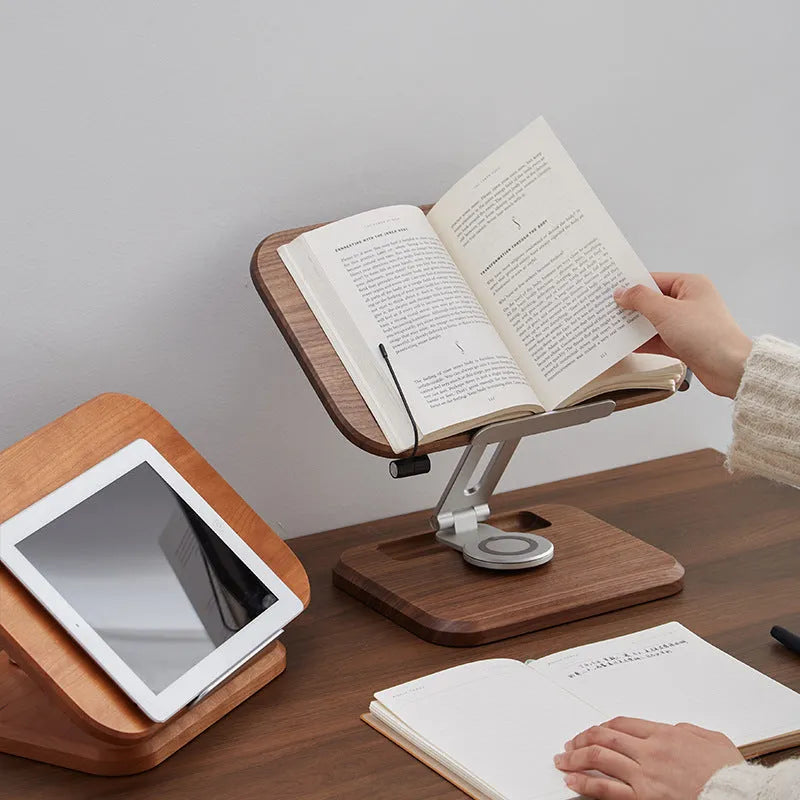 Walnut-coloured solid wood adjustable reading rack holding a book.
