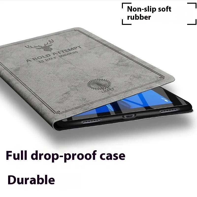 Deer pattern soft shell protective case for iPad in TPU leather, shown in clamshell design.