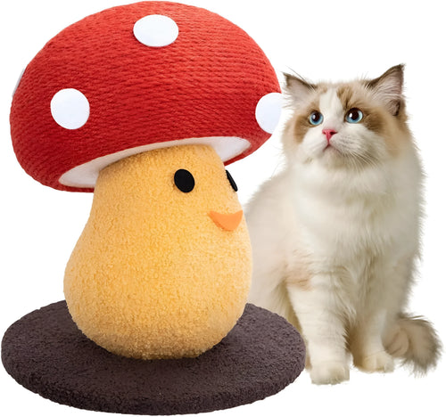 Foldable mushroom-shaped cat scratcher with accordion design, showing corrugated cardboard round board and central nest area.