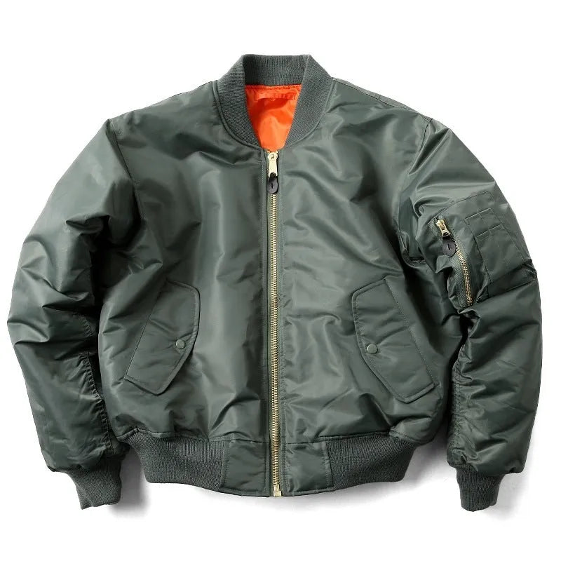 Men's loose fit cotton-padded nylon pilot jacket in army green on a hanger.