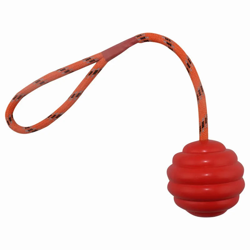 Rubber pet toy ball with rope knots in multiple colours for canine dental cleaning and training