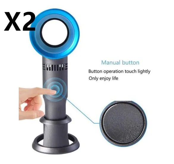Compact portable bladeless desk fan with USB cable and base, shown in blue.