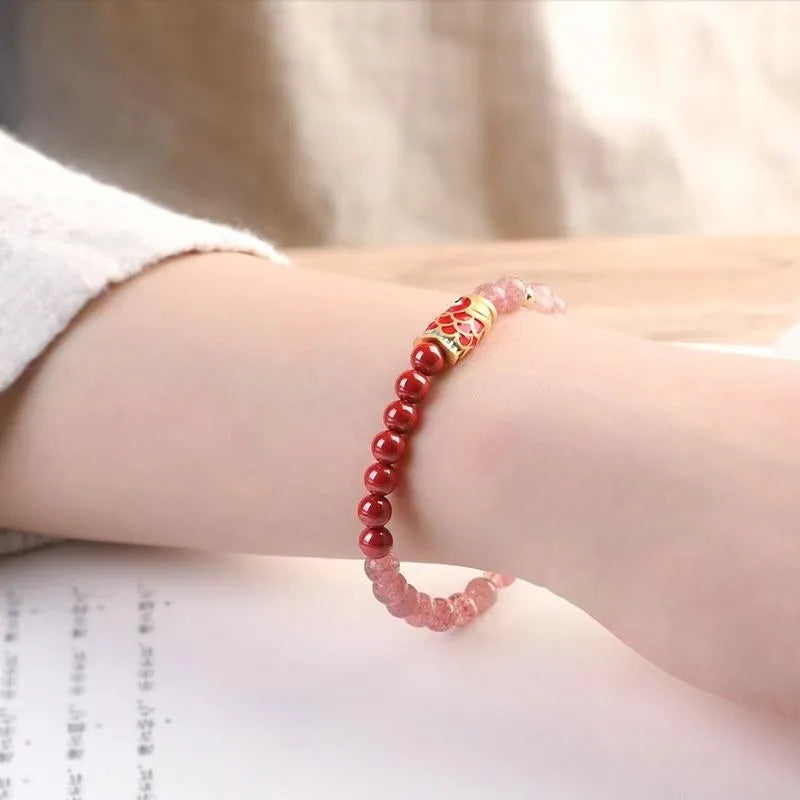 Women's purple cinnabar and strawberry quartz bracelet with peach blossom lucky beads