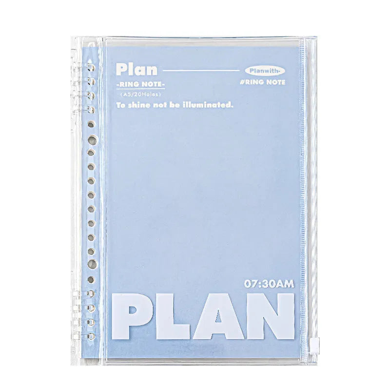 A5 PVC can store spiral notebook in blue or white with clear front showing loose pages