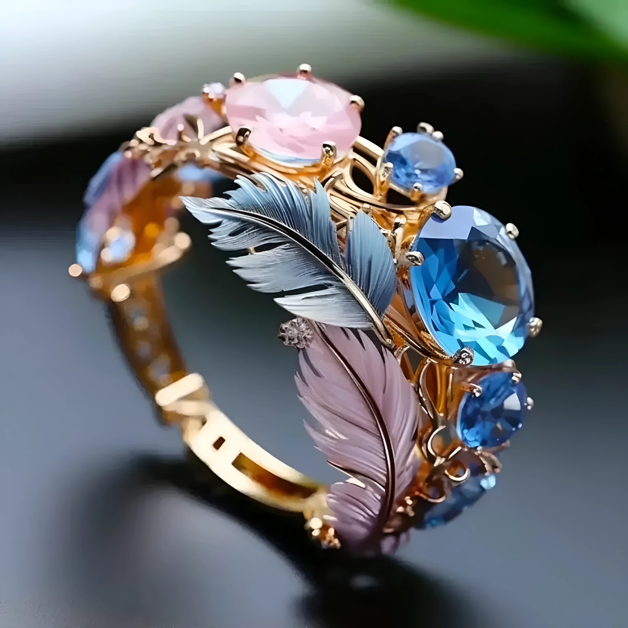 Gold colour brass ring with embossed feather design and sparkling zircon stone accents