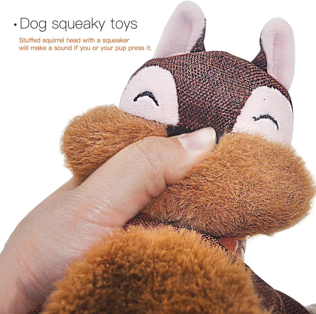 Brown plush fox dog toy with embroidered eyes, cotton rope arms and legs, and a squeaker.