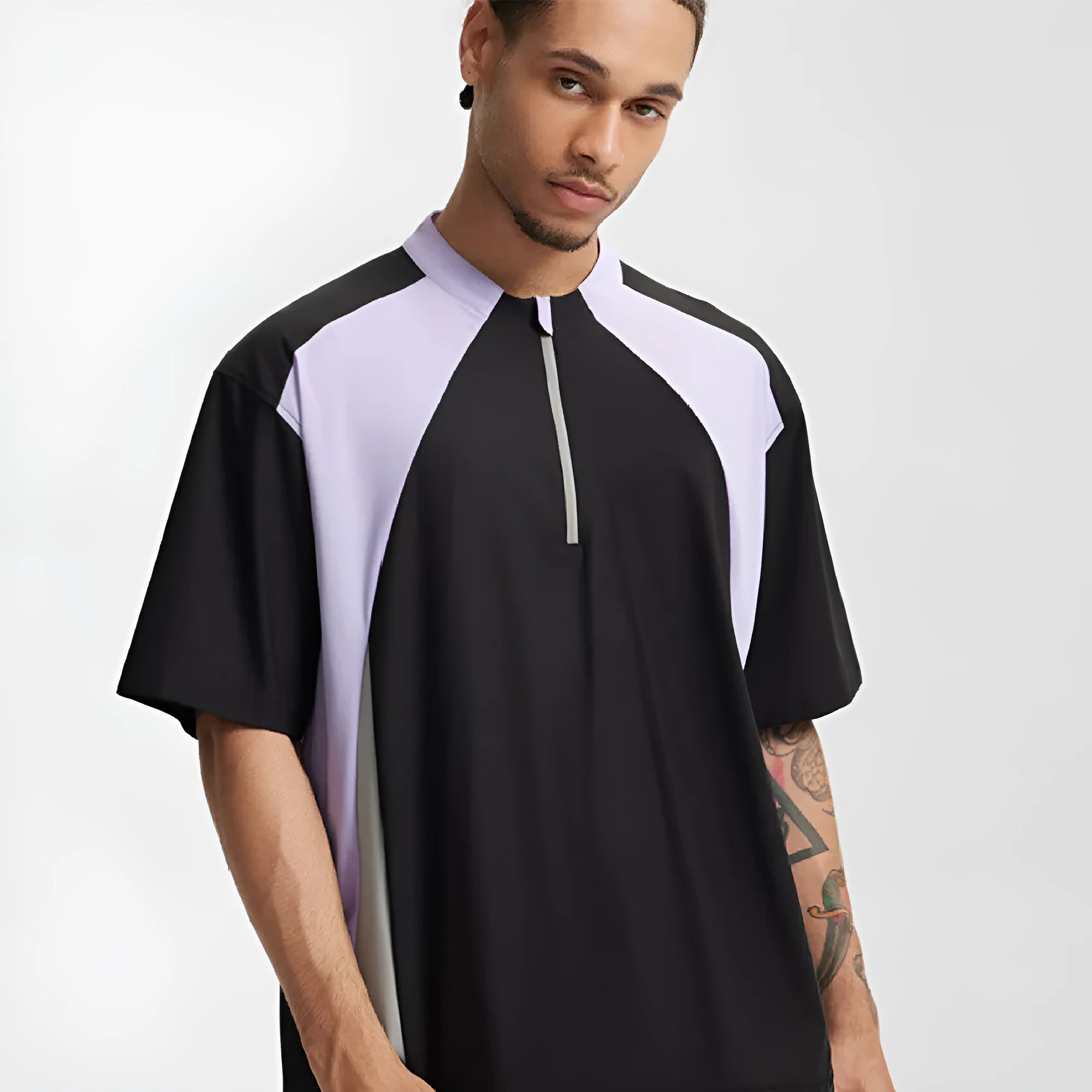 Men's solid colour polyester top with stitching detail, shown in black and beige, long sleeve and short sleeve versions.