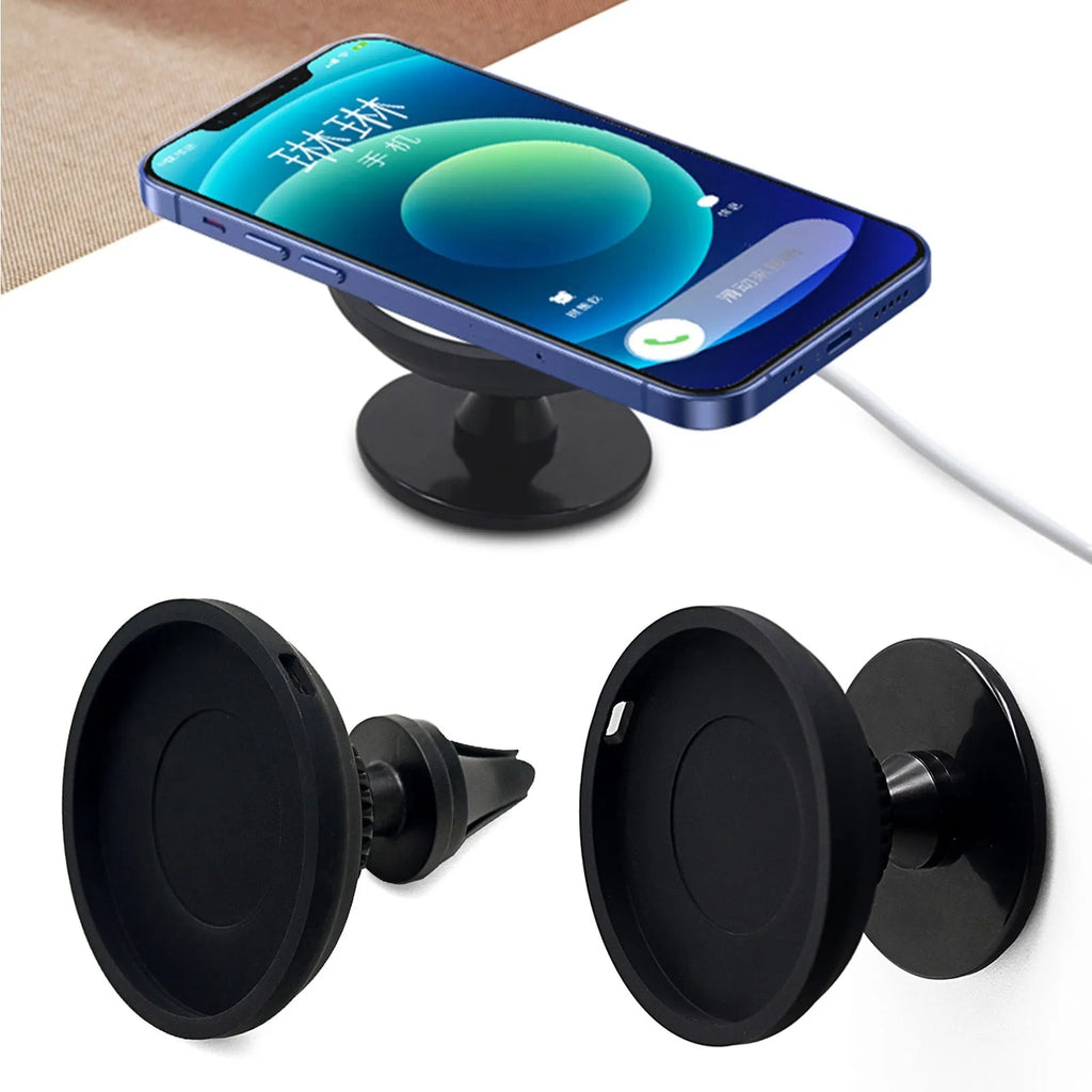 Black plastic car mobile phone holder with magnetic snap-in attachment for dashboard or air vent mounting