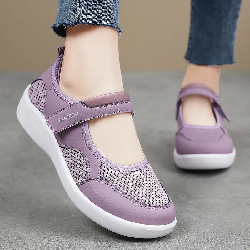 Women's grey mesh casual shoes with Velcro fastening and round toe for leisure wear