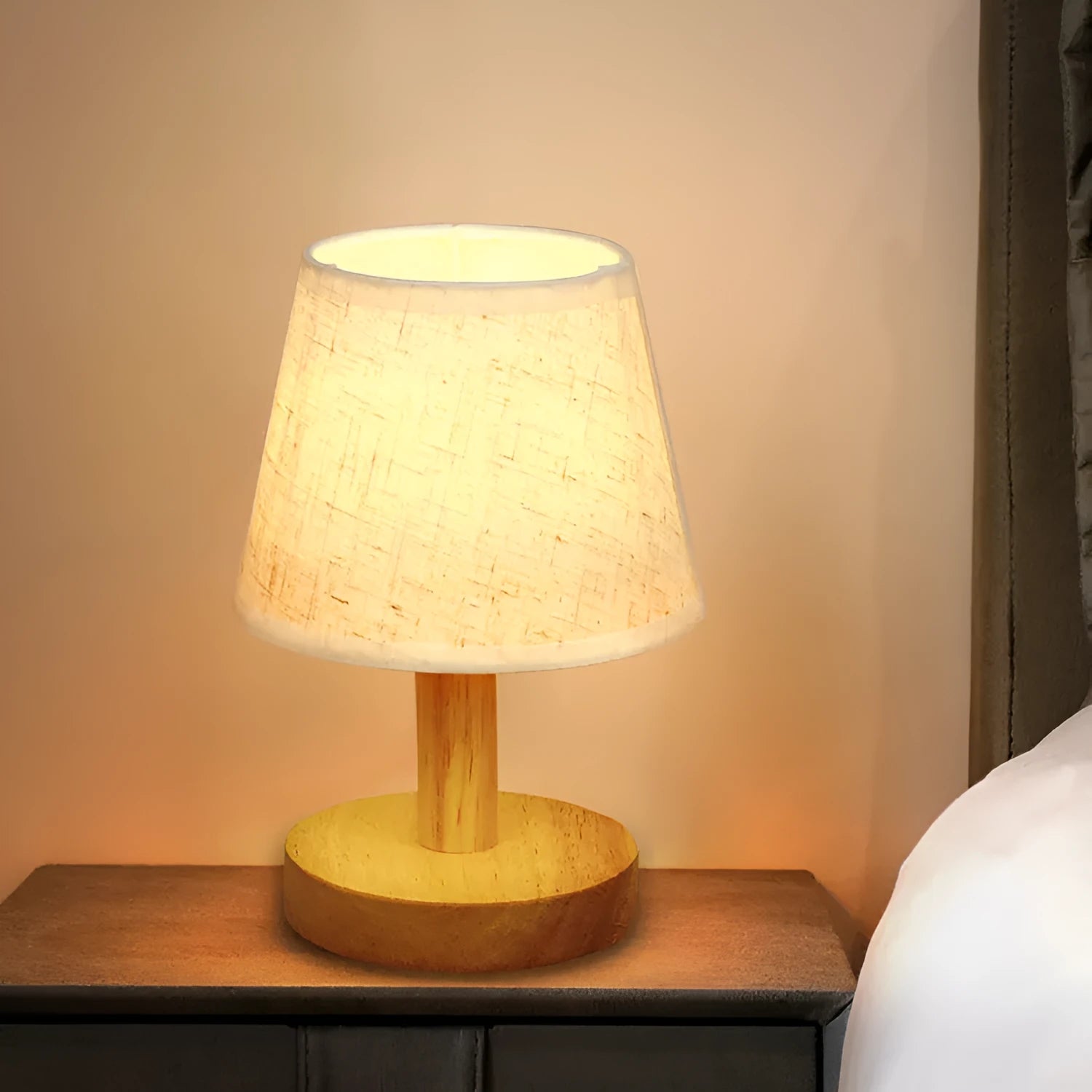Vintage Korean style pleated table lamp with jute and linen shade and bamboo base.