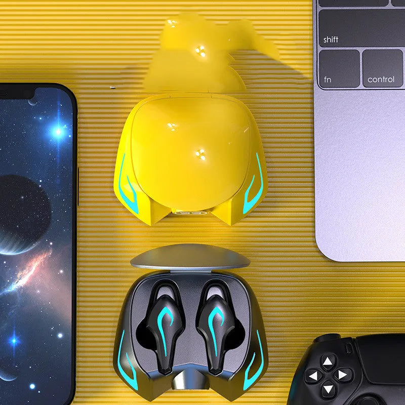 Wireless Bluetooth gaming headset with earplug design in black, dark grey, and yellow colour options