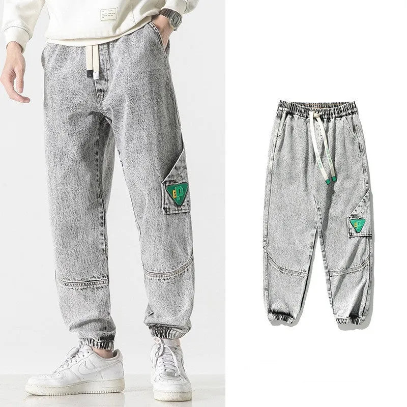 Men's cotton loose-fit tapered trousers in black, blue, or grey with mid-waist design
