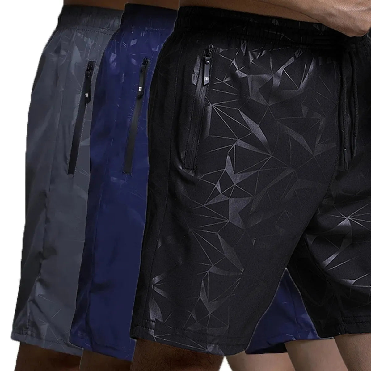 Men's loose-fitting polyester sports shorts in black, grey or blue colours
