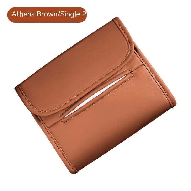 Leather car tissue box with elastic band for seat-back mounting in vehicle