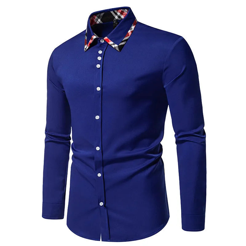A man's blue plaid long sleeve shirt with a triangle collar on a hanger.