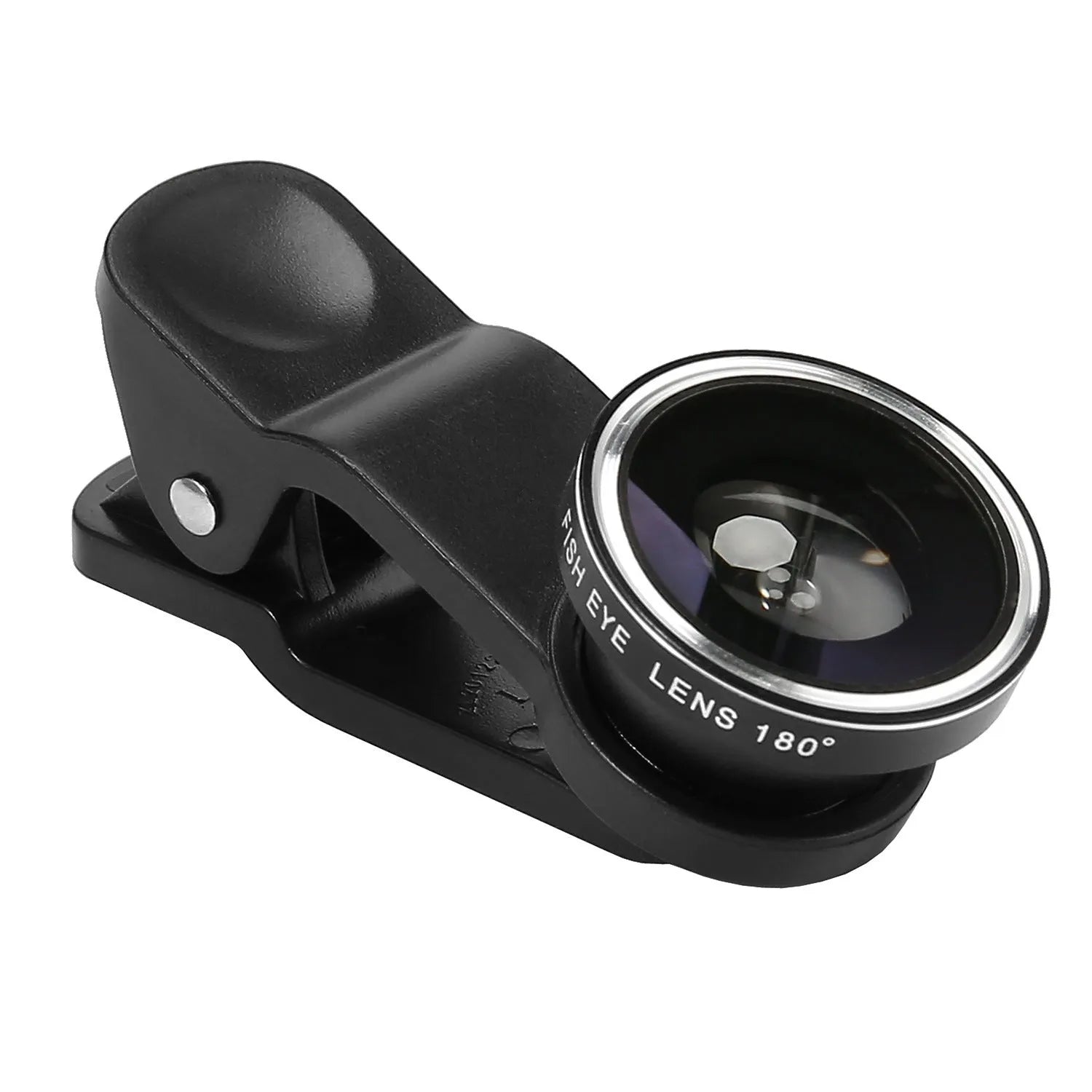 Mobile phone with a mini clip-on camera lens attached, alongside macro, fisheye, and wide-angle lenses in a case.