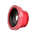 Mobile phone with a mini clip-on camera lens attached, alongside macro, fisheye, and wide-angle lenses in a case.