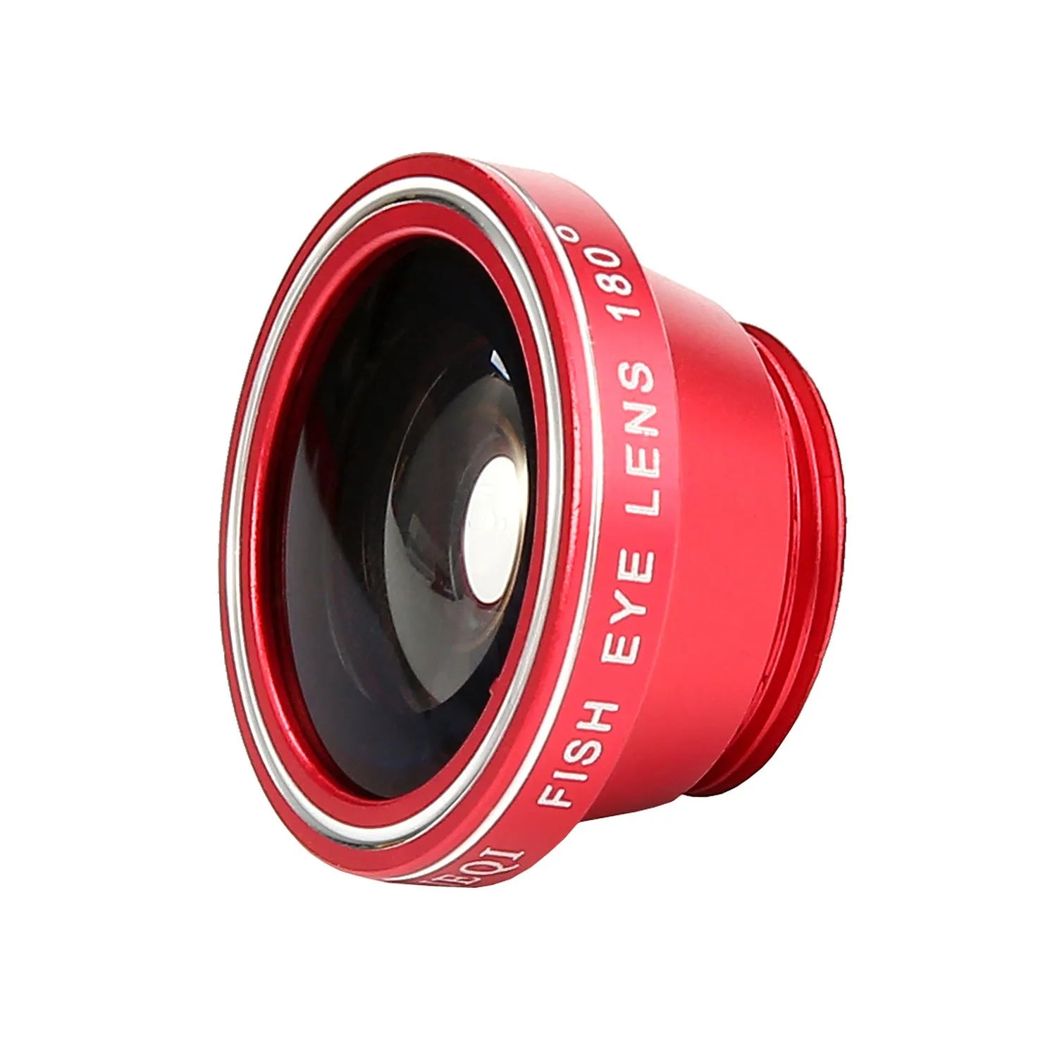 Mobile phone with a mini clip-on camera lens attached, alongside macro, fisheye, and wide-angle lenses in a case.